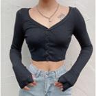 Buttoned V-neck Cropped Knit Top