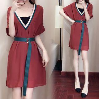 Short-sleeve Contrast-trim Dress With Slipdress