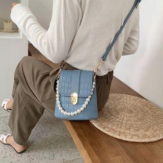 Faux Pearl Croc Grain Faux Leather Bucket Bag