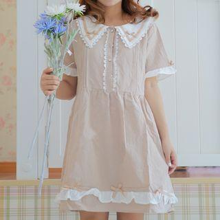 Ruffle Trim Short-sleeve A-line Dress Light Coffee - One Size