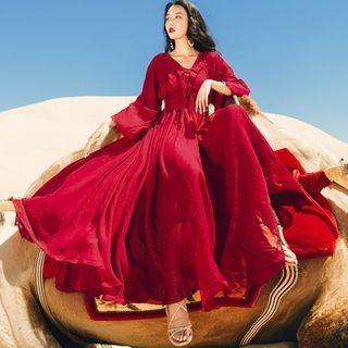 Lace Up Flared-sleeve Maxi A-line Dress