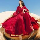 Lace Up Flared-sleeve Maxi A-line Dress