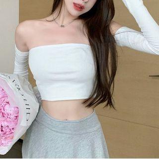 Set: Plain Cropped Tube Top + Arm Sleeves White - One Size