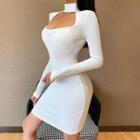 Mock-neck Cutaway Bodycon Dress Ivory - One Size