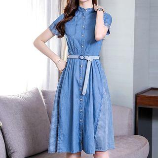 Stripe Panel Denim Midi Dress With Belt