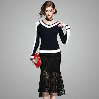 Set: Contrast-trim Knit Top + Lace Ruffled Skirt