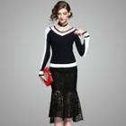 Set: Contrast-trim Knit Top + Lace Ruffled Skirt
