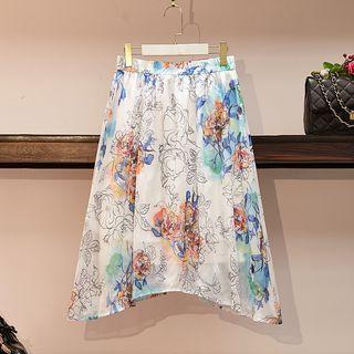 Floral Print Asymmetrical Hem Midi A-line Skirt