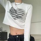 Long-sleeve Heart Print Cropped T-shirt White - One Size