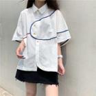 3/4-sleeve Contrast Trim Shirt / Frayed Hem A-line Mini Skirt