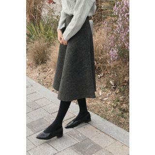 Herringbone Wool Blend Long Flare Skirt