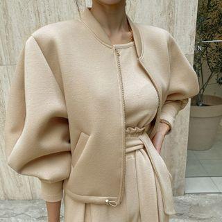 Balloon-sleeve Neoprene Bomber Jacket