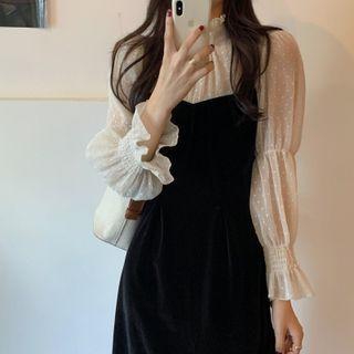 Mock Two-piece Dotted Panel Midi A-line Dress Black & White - One Size