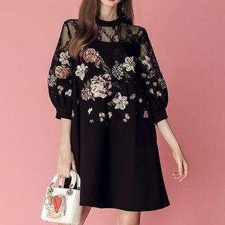 Puff-sleeve Lace Panel Mini A-line Dress