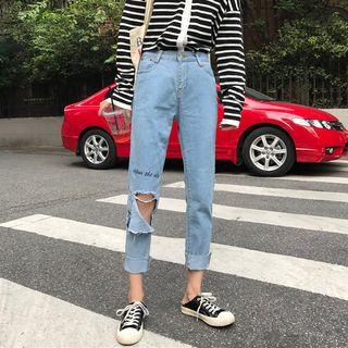 Lettering Distressed Straight Cut Jeans