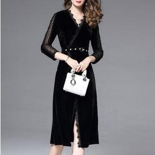 Lace Trim 3/4 Sleeve Front Slit Midi Dress