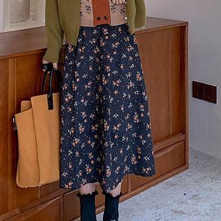 Floral Midi A-line Skirt Floral - Sapphire Blue - One Size