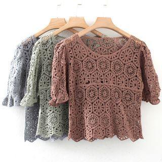 Short-sleeve Plain Cut Out Knit Top