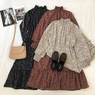 Floral Print Long-sleeve A-line Midi Chiffon Crinkle Dress