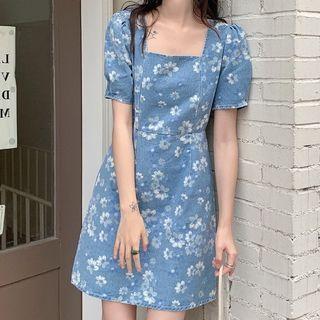 Short-sleeve Square Neck Floral A-line Denim Dress