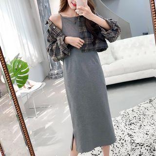 Plaid Cropped Button Jacket / Side Slit Spaghetti Strap Dress