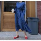 Long-sleeve Midi A-line Denim Dress Blue - One Size