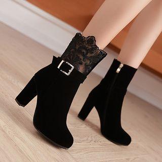 Block Heel Lace Panel Short Boots