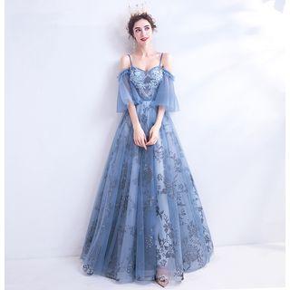 Embellished Elbow-sleeve Cold Shoulder A-line Evening Gown