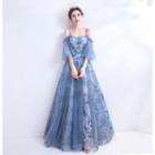 Embellished Elbow-sleeve Cold Shoulder A-line Evening Gown