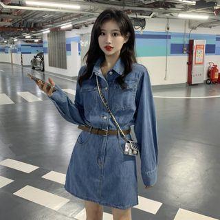 Denim Mini A-line Shirt Dress With Belt