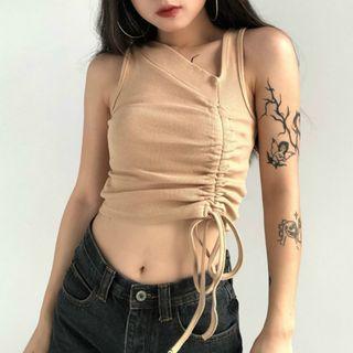 Drawstring Ruched Skew-neck Tank Top