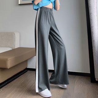 Elastic-waist Slit-side Two Tone Straight-cut Pants