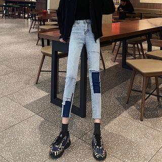 High Waist Patchwork Cropped Skinny Jeans