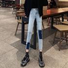 High Waist Patchwork Cropped Skinny Jeans