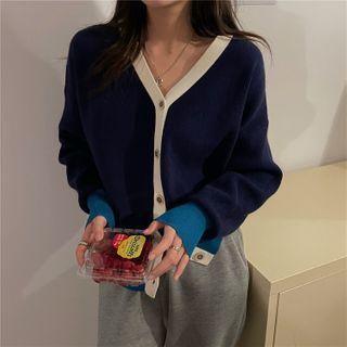 Contrast Trim Cardigan Navy Blue & White & Cyan - One Size