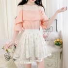 Set: Lace Trim Cold-shoulder Blouse + Flower Embroidered A-line Skirt