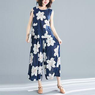Set: Flower Print Tank Top + Wide-leg Pants