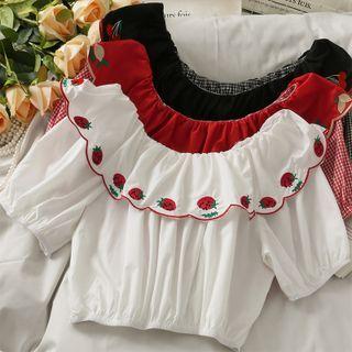 Boatneck Ruffled Fruit-print Checker Crop Top