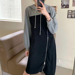 Two-tone Panel Midi A-line Hoodie Dress