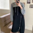Two-tone Panel Midi A-line Hoodie Dress