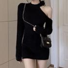 Cold-shoulder Knit Mini Sheath Dress Black - One Size
