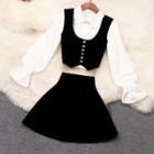 Set: Lantern-sleeve Shirt + Velvet Vest + Mini A-line Skirt