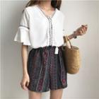 Bell-sleeve Top / Patterned Wide-leg Shorts