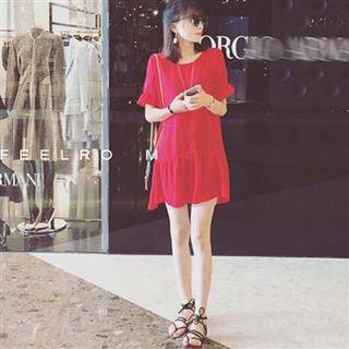 Short-sleeve Cross Strap Ruffle Dress Red - One Size