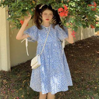 Puff-sleeve Dotted Mini A-line Dress Dotted - Blue - One Size