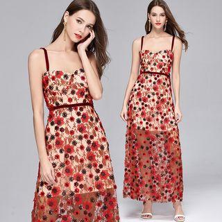 Spaghetti Strap Floral Embroidery A-line Maxi Dress