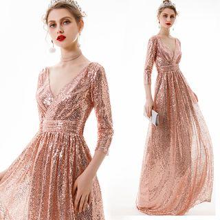 Sequined V-neck 3/4-sleeve A-line Evening Gown
