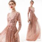 Sequined V-neck 3/4-sleeve A-line Evening Gown