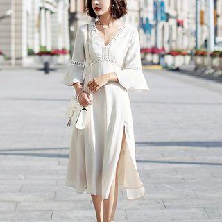 V-neck Bell-sleeve A-line Midi Dress