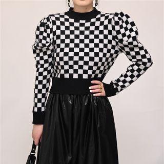 Mock-neck Plaid Two Tone Oversize Knit Top